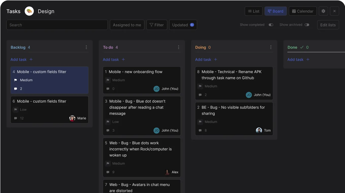board view that displays tasks across lists with assignees, due dates, priorities and comments displayed